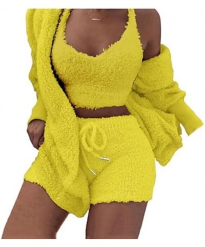 Sherpa Hooded Cardigan Outwear Crop Tops Shorts Nightwear Set, Women Sexy Warm Fuzzy 3 Piece Outfits Pajamas Vest Same Color ...