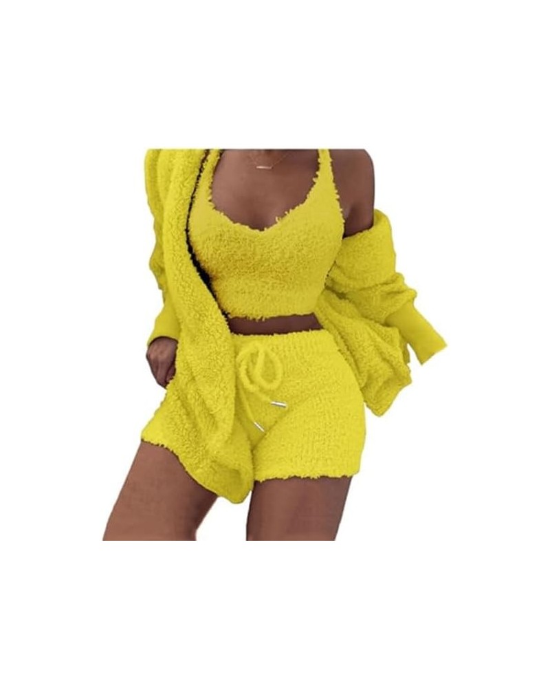 Sherpa Hooded Cardigan Outwear Crop Tops Shorts Nightwear Set, Women Sexy Warm Fuzzy 3 Piece Outfits Pajamas Vest Same Color ...