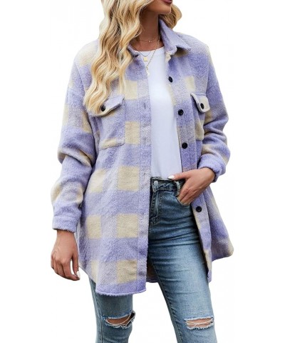 Women's Loose Fit Thick Wool Blend Plaid Mid Long Button Down Shirt Shacket Purple $16.80 Tops