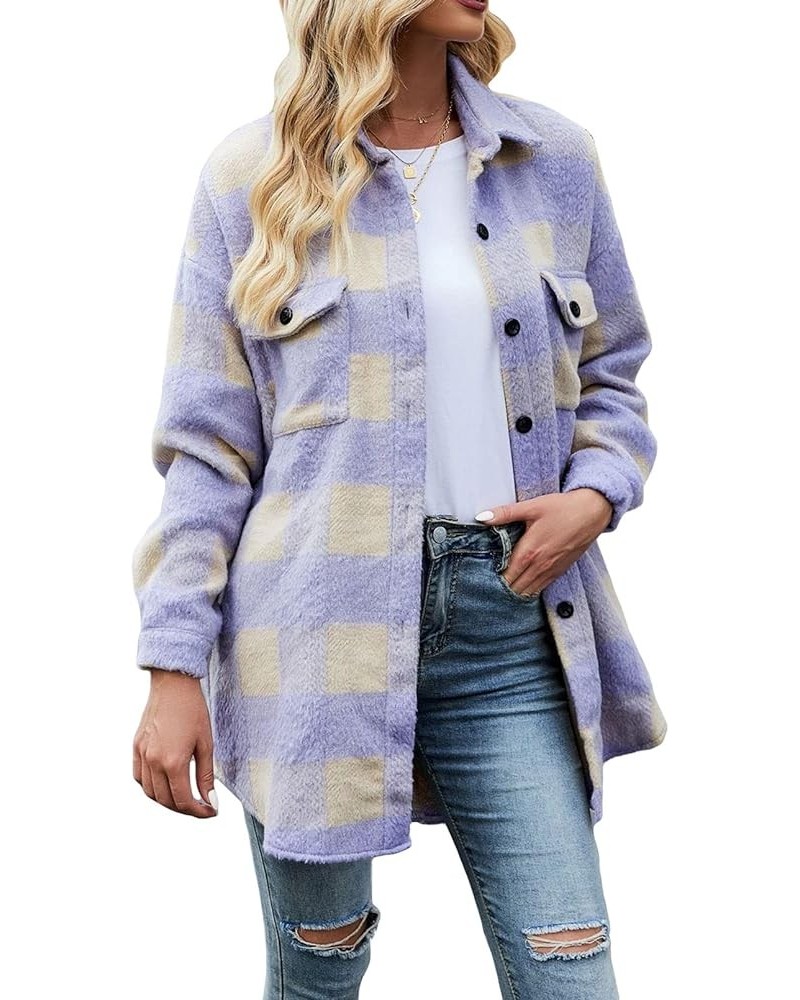 Women's Loose Fit Thick Wool Blend Plaid Mid Long Button Down Shirt Shacket Purple $16.80 Tops