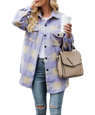 Women's Loose Fit Thick Wool Blend Plaid Mid Long Button Down Shirt Shacket Purple $16.80 Tops