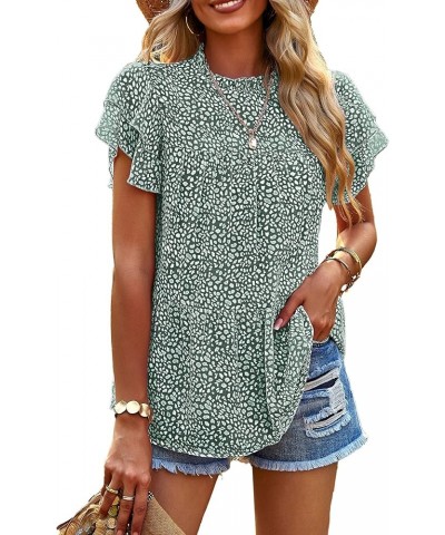 Women's Casual Summer Tops Ruffle Short Sleeve Mock Neck Fashion Floral Chiffon Blouse Shirts Dark Green $17.55 Blouses