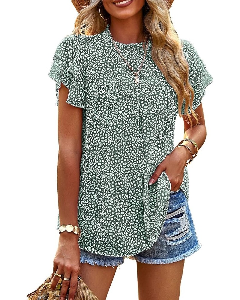 Women's Casual Summer Tops Ruffle Short Sleeve Mock Neck Fashion Floral Chiffon Blouse Shirts Dark Green $17.55 Blouses