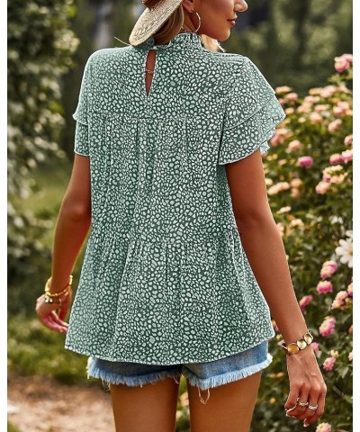 Women's Casual Summer Tops Ruffle Short Sleeve Mock Neck Fashion Floral Chiffon Blouse Shirts Dark Green $17.55 Blouses