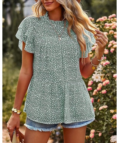 Women's Casual Summer Tops Ruffle Short Sleeve Mock Neck Fashion Floral Chiffon Blouse Shirts Dark Green $17.55 Blouses