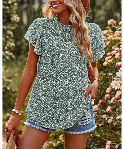 Women's Casual Summer Tops Ruffle Short Sleeve Mock Neck Fashion Floral Chiffon Blouse Shirts Dark Green $17.55 Blouses