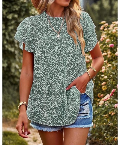 Women's Casual Summer Tops Ruffle Short Sleeve Mock Neck Fashion Floral Chiffon Blouse Shirts Dark Green $17.55 Blouses