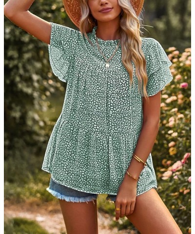 Women's Casual Summer Tops Ruffle Short Sleeve Mock Neck Fashion Floral Chiffon Blouse Shirts Dark Green $17.55 Blouses