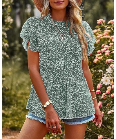 Women's Casual Summer Tops Ruffle Short Sleeve Mock Neck Fashion Floral Chiffon Blouse Shirts Dark Green $17.55 Blouses