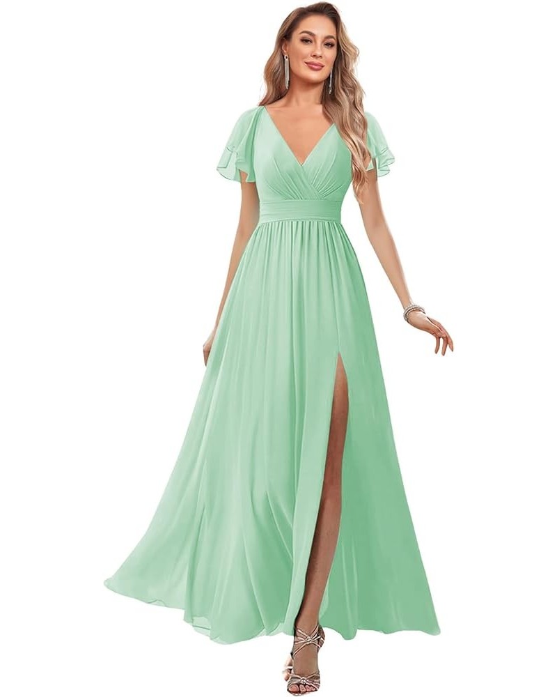 Chiffon Bridesmaid Dresses for Wedding Flutter Sleeve Long V Neck Pleated Formal Gown with Pockets Mint Green $25.85 Dresses