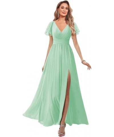 Chiffon Bridesmaid Dresses for Wedding Flutter Sleeve Long V Neck Pleated Formal Gown with Pockets Mint Green $25.85 Dresses