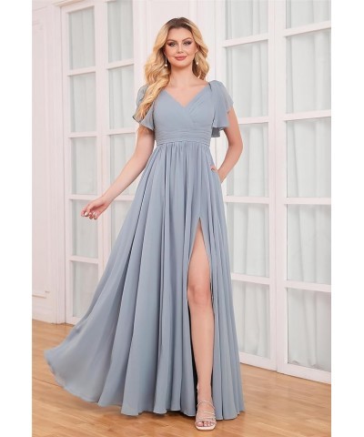 Chiffon Bridesmaid Dresses for Wedding Flutter Sleeve Long V Neck Pleated Formal Gown with Pockets Mint Green $25.85 Dresses