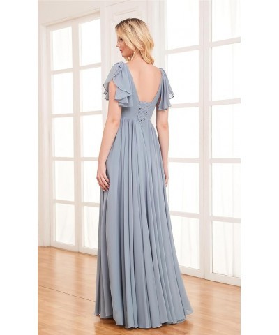 Chiffon Bridesmaid Dresses for Wedding Flutter Sleeve Long V Neck Pleated Formal Gown with Pockets Mint Green $25.85 Dresses