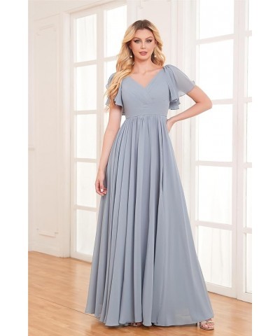 Chiffon Bridesmaid Dresses for Wedding Flutter Sleeve Long V Neck Pleated Formal Gown with Pockets Mint Green $25.85 Dresses