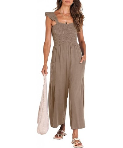 Women Summer Casual Dressy Sleeveless Smocked Wide Leg Linen Jumpsuits Rompers Outfits with Pockets Light Brown $15.75 Jumpsuits