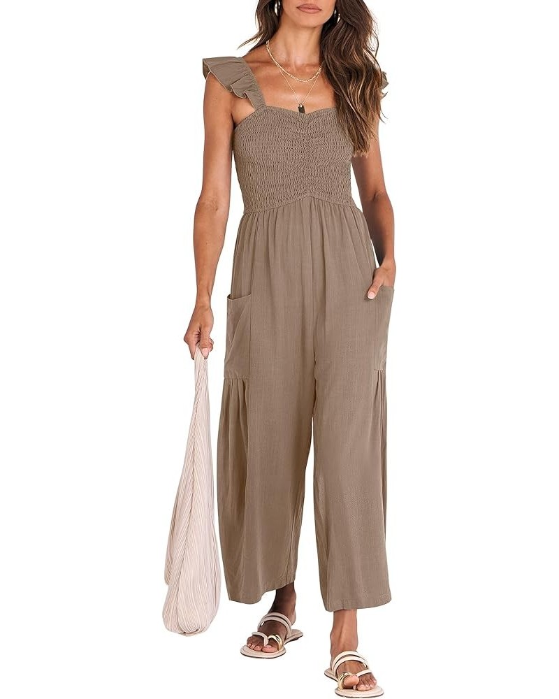 Women Summer Casual Dressy Sleeveless Smocked Wide Leg Linen Jumpsuits Rompers Outfits with Pockets Light Brown $15.75 Jumpsuits