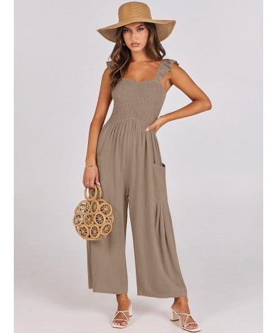 Women Summer Casual Dressy Sleeveless Smocked Wide Leg Linen Jumpsuits Rompers Outfits with Pockets Light Brown $15.75 Jumpsuits