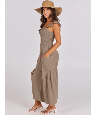 Women Summer Casual Dressy Sleeveless Smocked Wide Leg Linen Jumpsuits Rompers Outfits with Pockets Light Brown $15.75 Jumpsuits