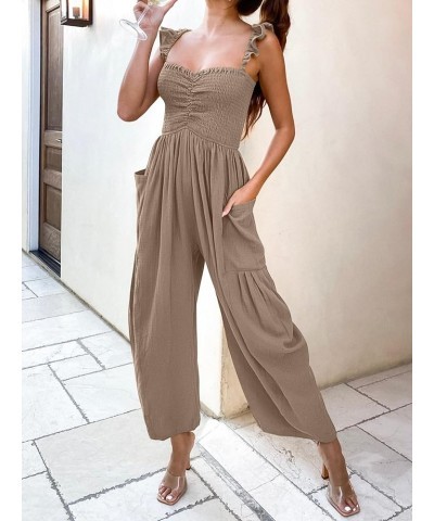 Women Summer Casual Dressy Sleeveless Smocked Wide Leg Linen Jumpsuits Rompers Outfits with Pockets Light Brown $15.75 Jumpsuits