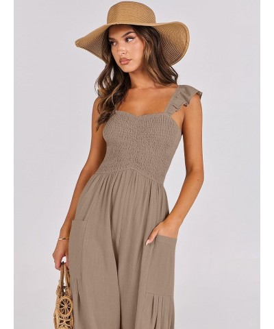 Women Summer Casual Dressy Sleeveless Smocked Wide Leg Linen Jumpsuits Rompers Outfits with Pockets Light Brown $15.75 Jumpsuits