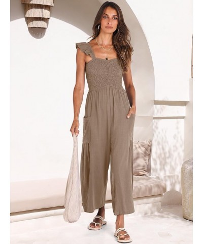 Women Summer Casual Dressy Sleeveless Smocked Wide Leg Linen Jumpsuits Rompers Outfits with Pockets Light Brown $15.75 Jumpsuits