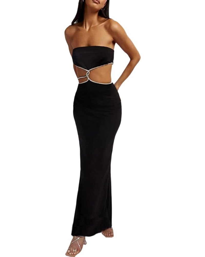 Women Tube Top Maxi Dress Sleeveless Backless Out Cut Waist Bodycon Long Dress Party Club Strapless Derss Q-black $11.43 Dresses