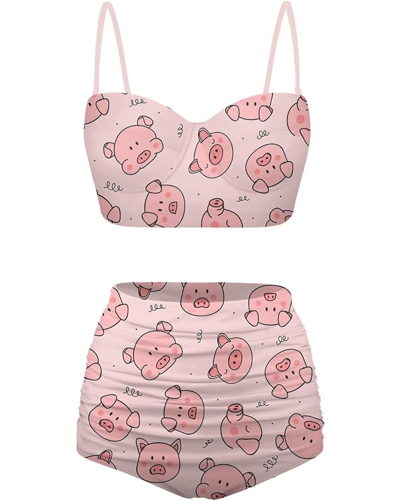 Women's Swimsuit Size S-2XL,Girls Summer 2 Pieces Crop Tops+High Waisted Briefs Bikini Sets Cute Pig $12.74 Swimsuits