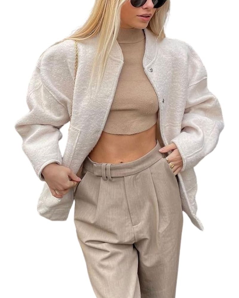 Wool Blend Jacket Women Casual Oversized Button Down Bomber Jackets Coat with Pocket Beige $7.94 Jackets