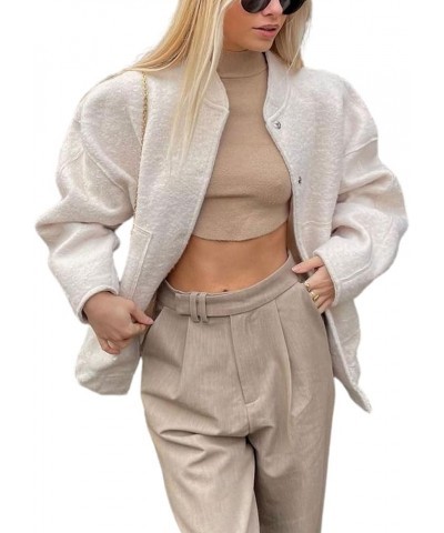 Wool Blend Jacket Women Casual Oversized Button Down Bomber Jackets Coat with Pocket Beige $7.94 Jackets