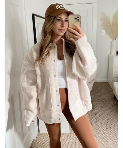 Wool Blend Jacket Women Casual Oversized Button Down Bomber Jackets Coat with Pocket Beige $7.94 Jackets