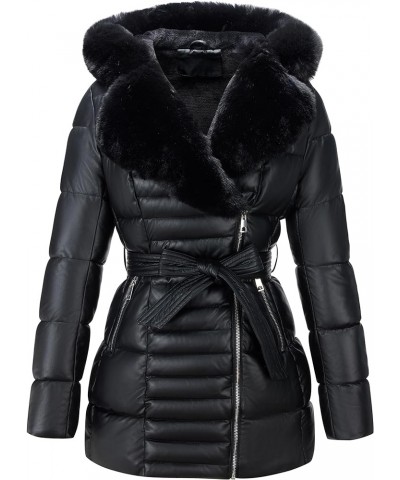 Women's Puffer Jacket Faux Leather Bubble Padding Sherpa-Lined Coat with Removable Fur Collar Black With Hood $19.24 Jackets