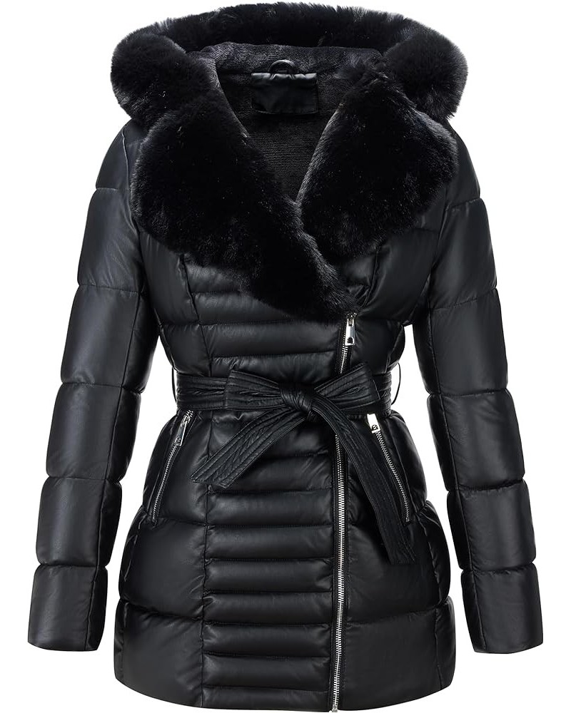 Women's Puffer Jacket Faux Leather Bubble Padding Sherpa-Lined Coat with Removable Fur Collar Black With Hood $19.24 Jackets