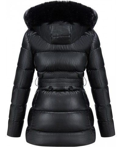 Women's Puffer Jacket Faux Leather Bubble Padding Sherpa-Lined Coat with Removable Fur Collar Black With Hood $19.24 Jackets