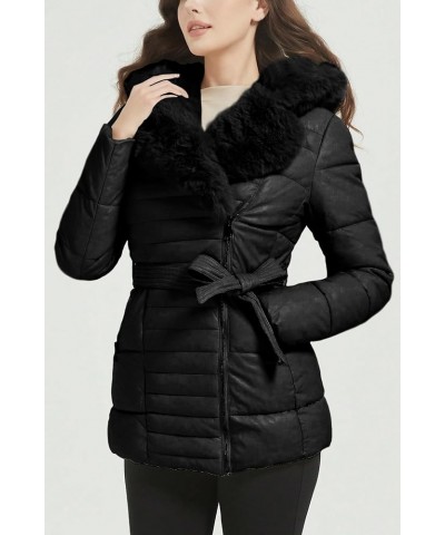 Women's Puffer Jacket Faux Leather Bubble Padding Sherpa-Lined Coat with Removable Fur Collar Black With Hood $19.24 Jackets