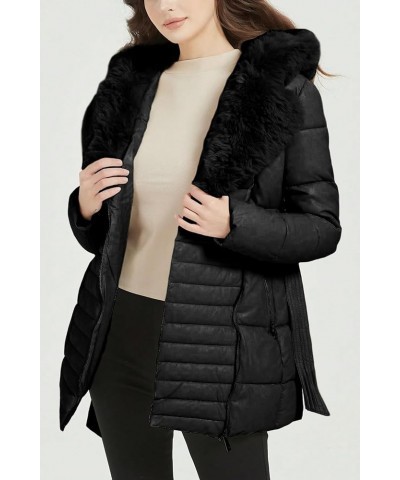 Women's Puffer Jacket Faux Leather Bubble Padding Sherpa-Lined Coat with Removable Fur Collar Black With Hood $19.24 Jackets