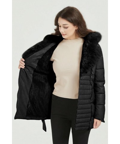 Women's Puffer Jacket Faux Leather Bubble Padding Sherpa-Lined Coat with Removable Fur Collar Black With Hood $19.24 Jackets