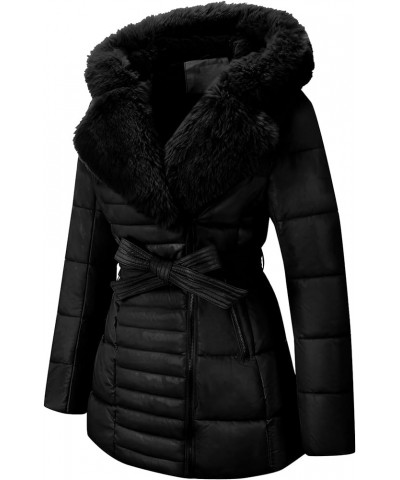 Women's Puffer Jacket Faux Leather Bubble Padding Sherpa-Lined Coat with Removable Fur Collar Black With Hood $19.24 Jackets