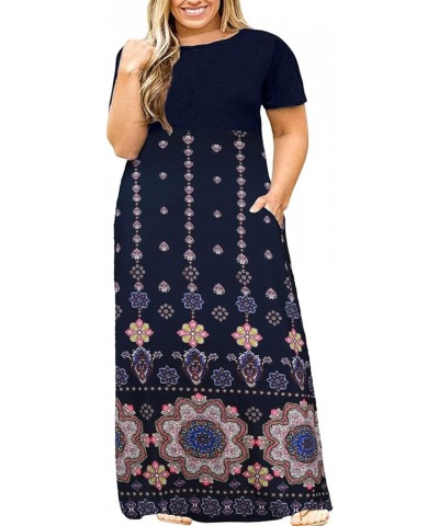 Plus Size Dresses for Curvy Women Summer Casual Beach Long Maxi Dress with Pockets Navy Blue Paisley $18.47 Dresses