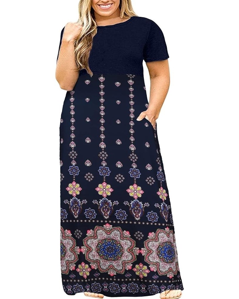 Plus Size Dresses for Curvy Women Summer Casual Beach Long Maxi Dress with Pockets Navy Blue Paisley $18.47 Dresses