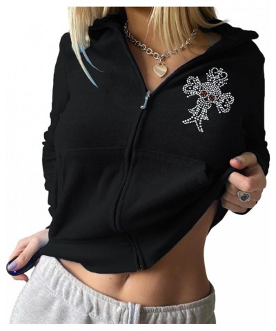 Women's Cropped Zip Up Hoodies Short Y2K Loose Velvet Zipper Crop Sweatshirt Long Sleeve Hoodie Jacket with Pockets Rhineston...