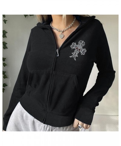 Women's Cropped Zip Up Hoodies Short Y2K Loose Velvet Zipper Crop Sweatshirt Long Sleeve Hoodie Jacket with Pockets Rhineston...