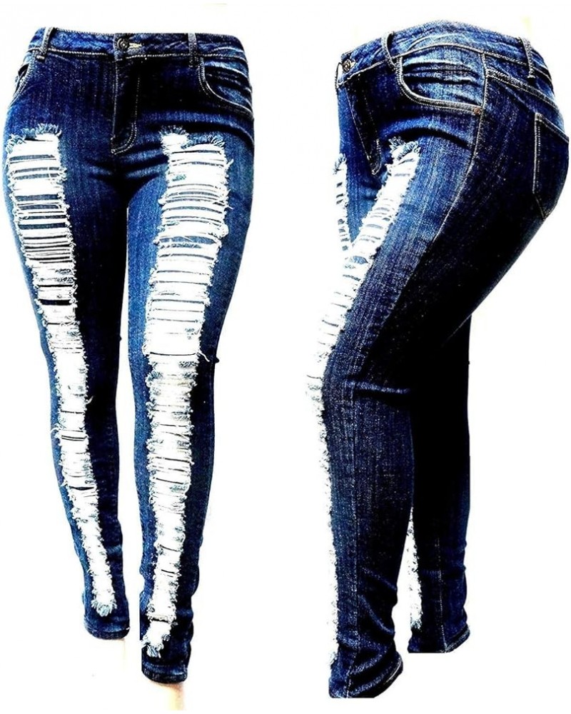 Womens Plus Size Distressed Ripped Blue Skinny Denim Jeans Pants Super Plus Size Dk Blue Ripped Jeans N629 $13.14 Jeans