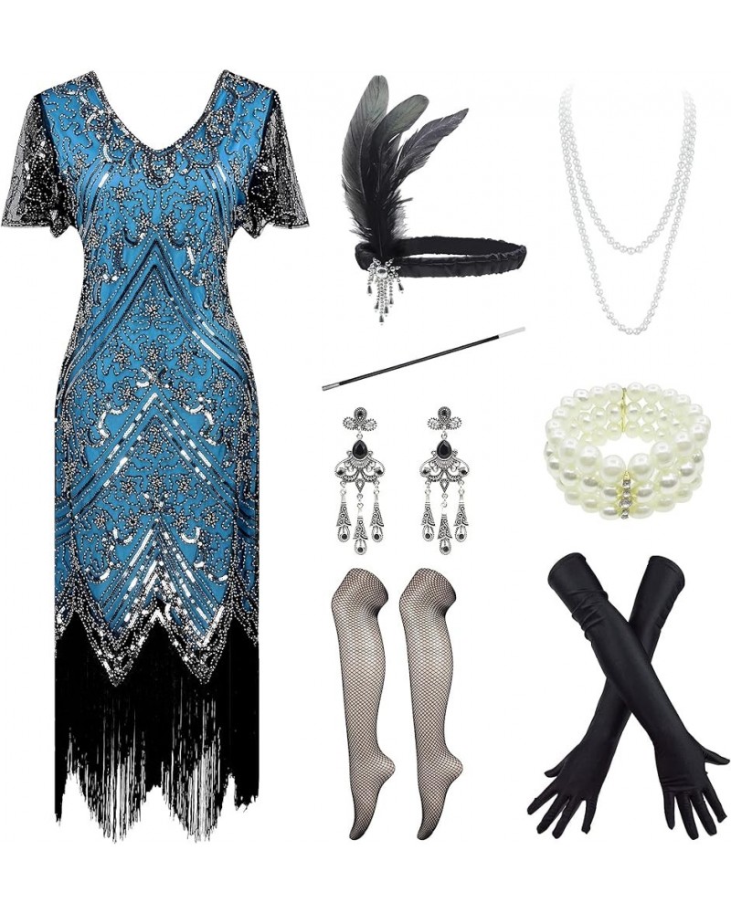 Stone Women Gatsby Cocktail Flapper Plus Dress 20S Headband Accessories Set Style 2 Lake Blue $26.35 Dresses