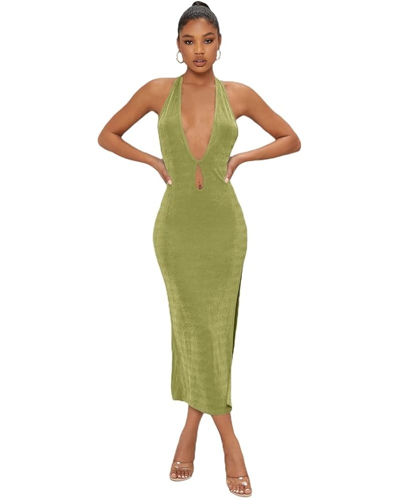 Women's Halter Neck Sleeveless Split Thigh Party Bodycon Long Dress Lime Green $22.13 Dresses