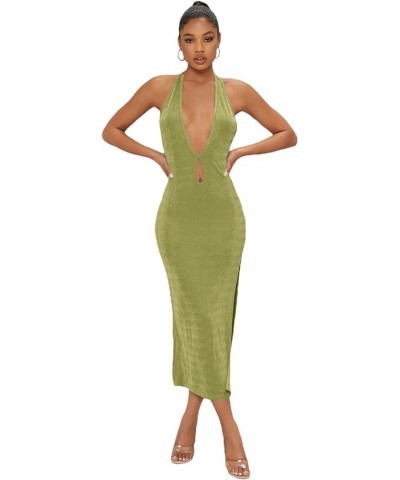 Women's Halter Neck Sleeveless Split Thigh Party Bodycon Long Dress Lime Green $22.13 Dresses