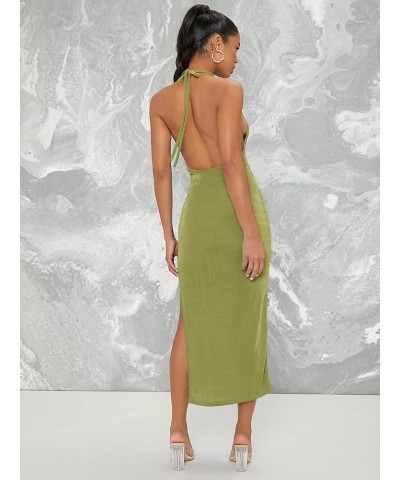 Women's Halter Neck Sleeveless Split Thigh Party Bodycon Long Dress Lime Green $22.13 Dresses