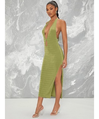 Women's Halter Neck Sleeveless Split Thigh Party Bodycon Long Dress Lime Green $22.13 Dresses