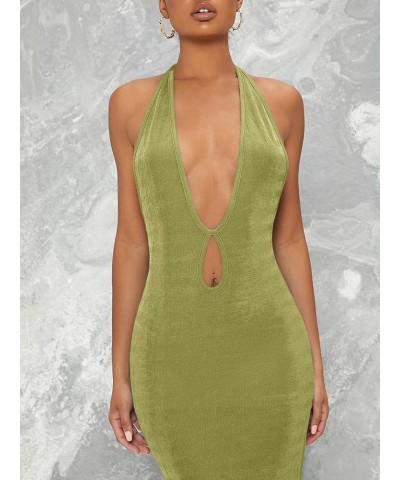 Women's Halter Neck Sleeveless Split Thigh Party Bodycon Long Dress Lime Green $22.13 Dresses