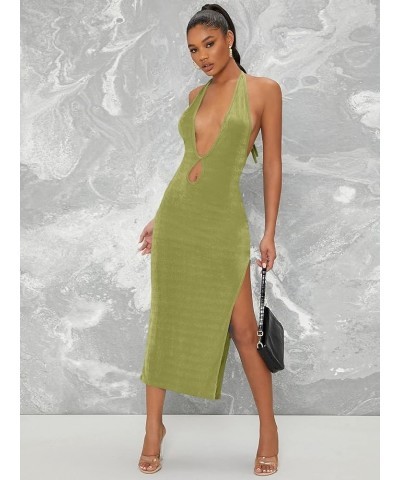 Women's Halter Neck Sleeveless Split Thigh Party Bodycon Long Dress Lime Green $22.13 Dresses