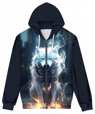 JooMeryer Men's 3D Wolf Print Casual Jacket Full Zip Hoodie Hooded Sweatshirts White Fox Fire $14.35 Hoodies & Sweatshirts